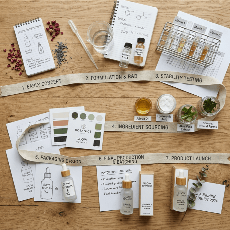 Steps in developing a cosmetic serum including concept, formulation, testing, sourcing, design, production, and launch