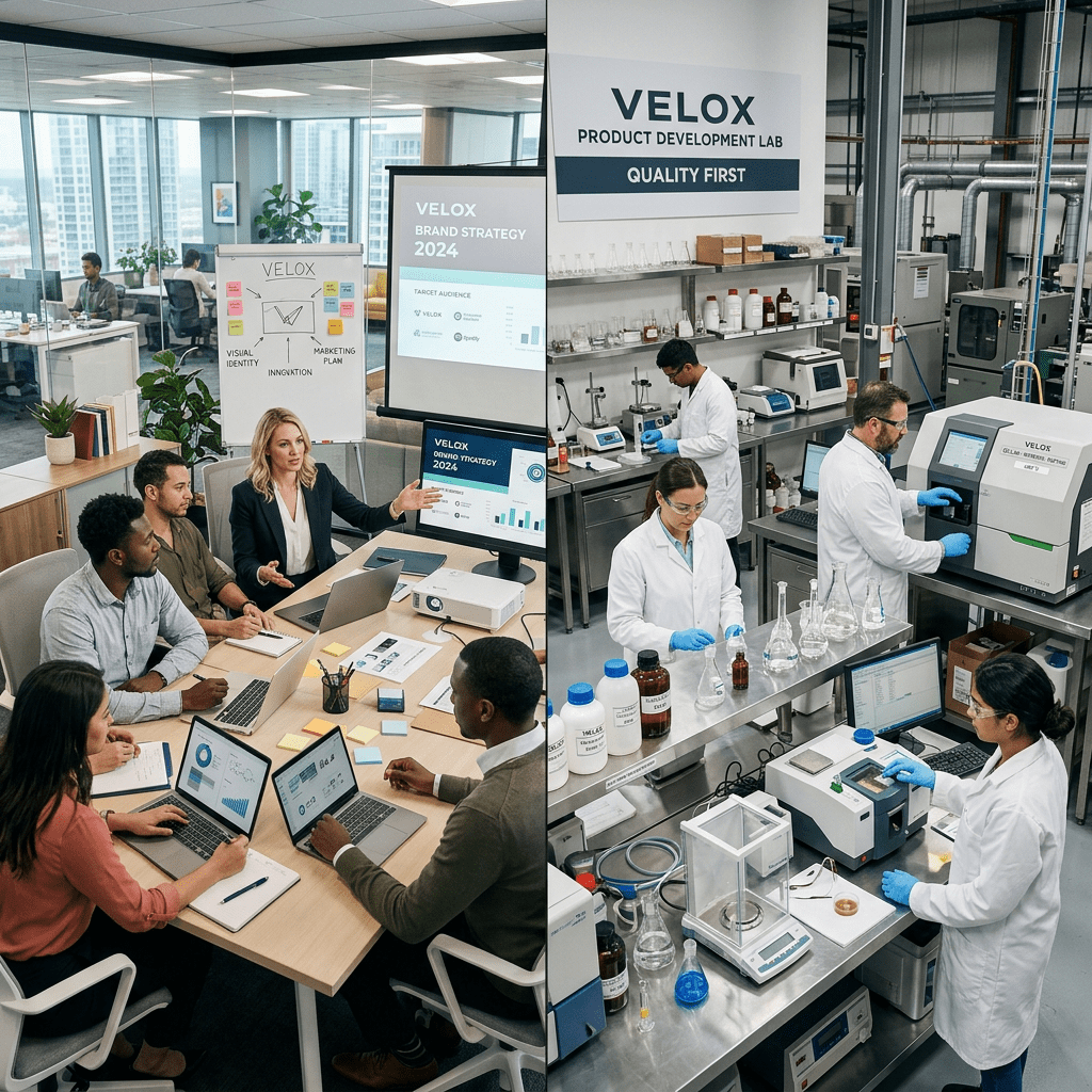 Office team having a meeting on brand strategy and scientists working in a product development laboratory