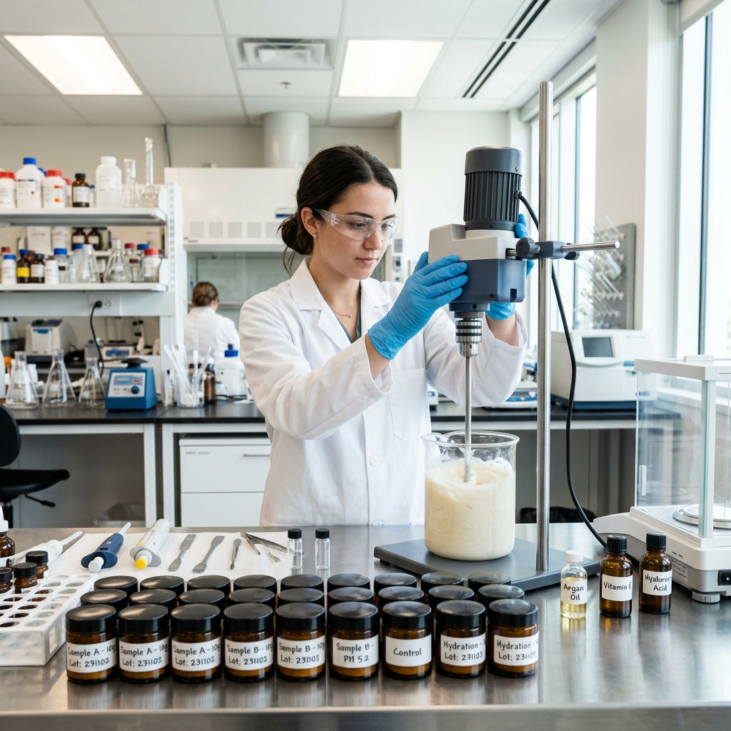 Scientist in lab coat and gloves mixing cosmetic cream with mechanical stirrer