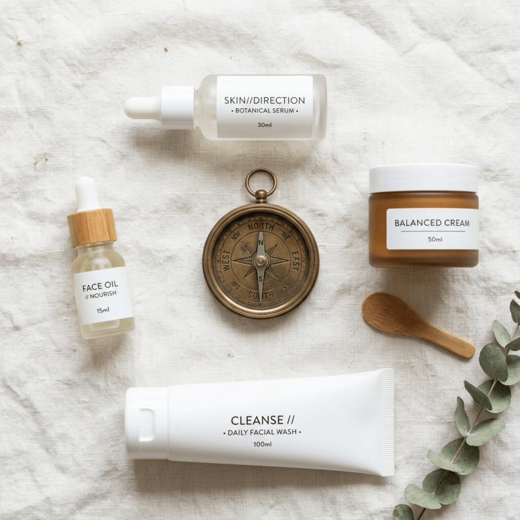 Skincare products including face oil, botanical serum, balanced cream, daily facial wash, and a compass on textured cloth
