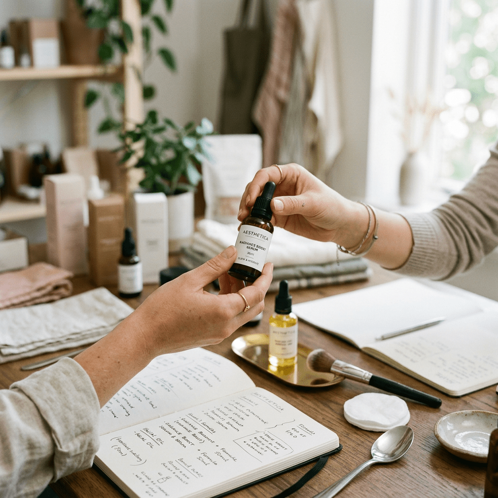Hands exchanging a dropper bottle labeled Aesthetica Radiance Boost Serum over a table with skincare notes and products