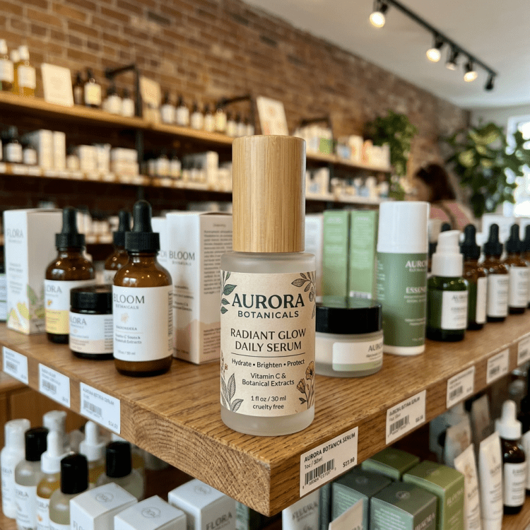 Aurora Botanicals Radiant Glow Daily Serum bottle on a wooden shelf surrounded by other skincare products