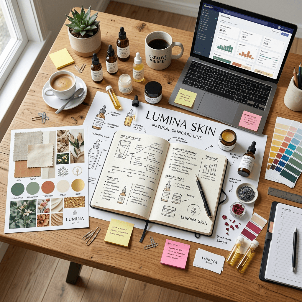 Workspace with skincare product sketches, color swatches, bottles, and a laptop showing marketing analytics