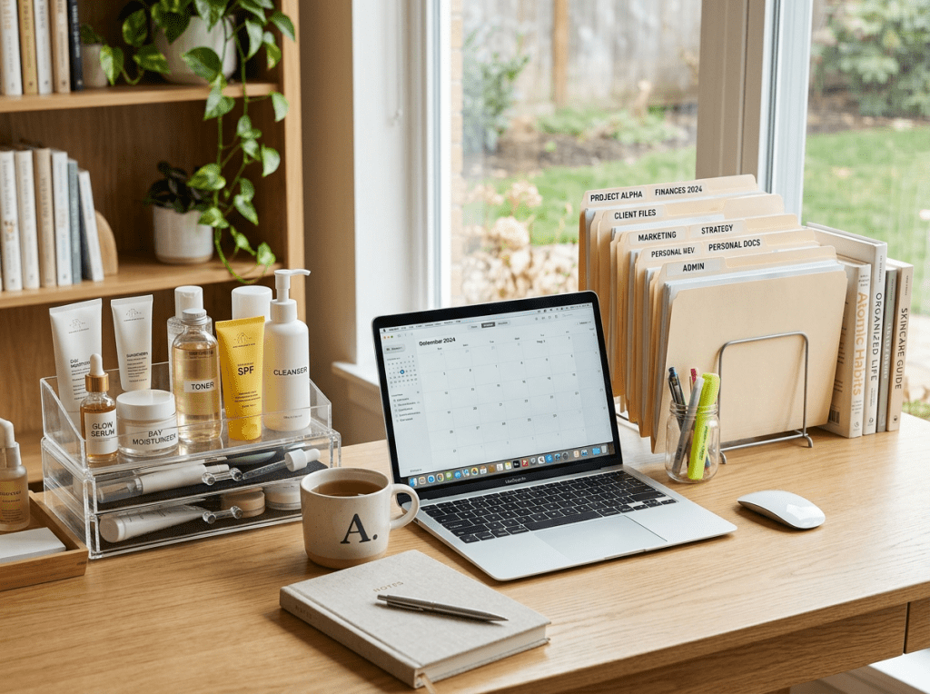 Desk with skincare products, laptop displaying calendar, organized file folders, and stationery.