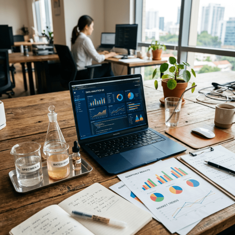 Laptop showing data analytics dashboard with charts and graphs on a wooden desk with papers and notes