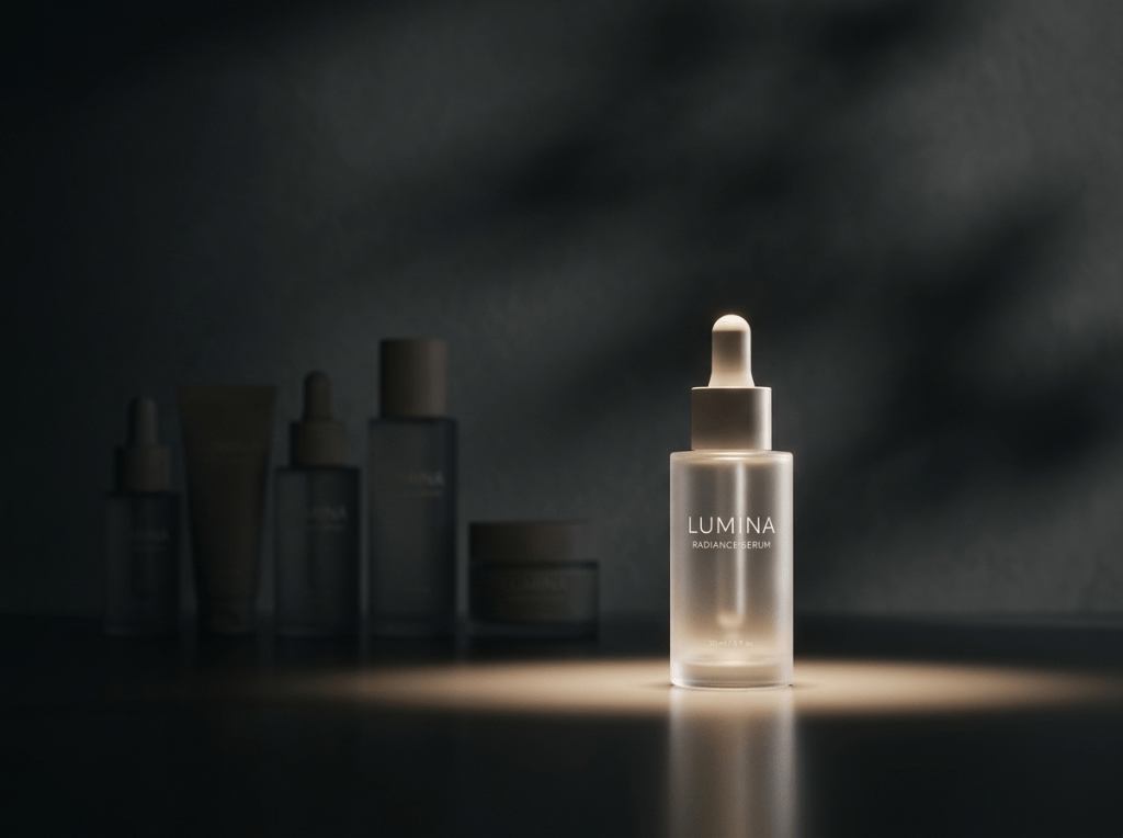 Frosted glass bottle labeled Lumina Radiance Serum with dropper on dark background