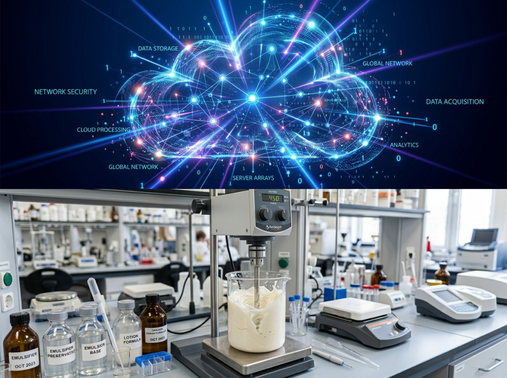 Digital cloud network with data storage and global connections above a laboratory mixer blending cream formulation in a beaker