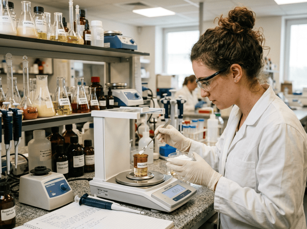Scientist wearing lab coat and gloves weighing powder on digital scale in laboratory